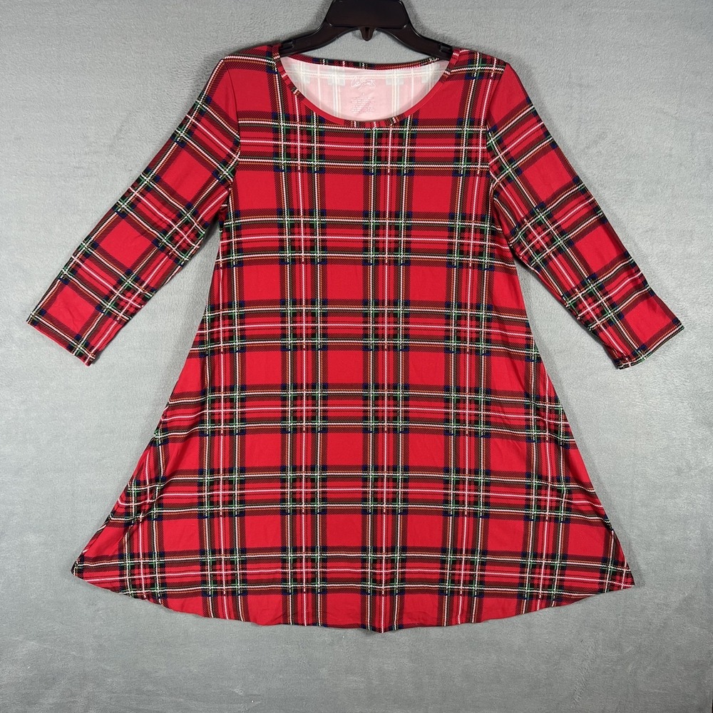 City Streets Women's Red Plaid Swing Dress Size S Small 3/4 Sleeve Scoop Neck